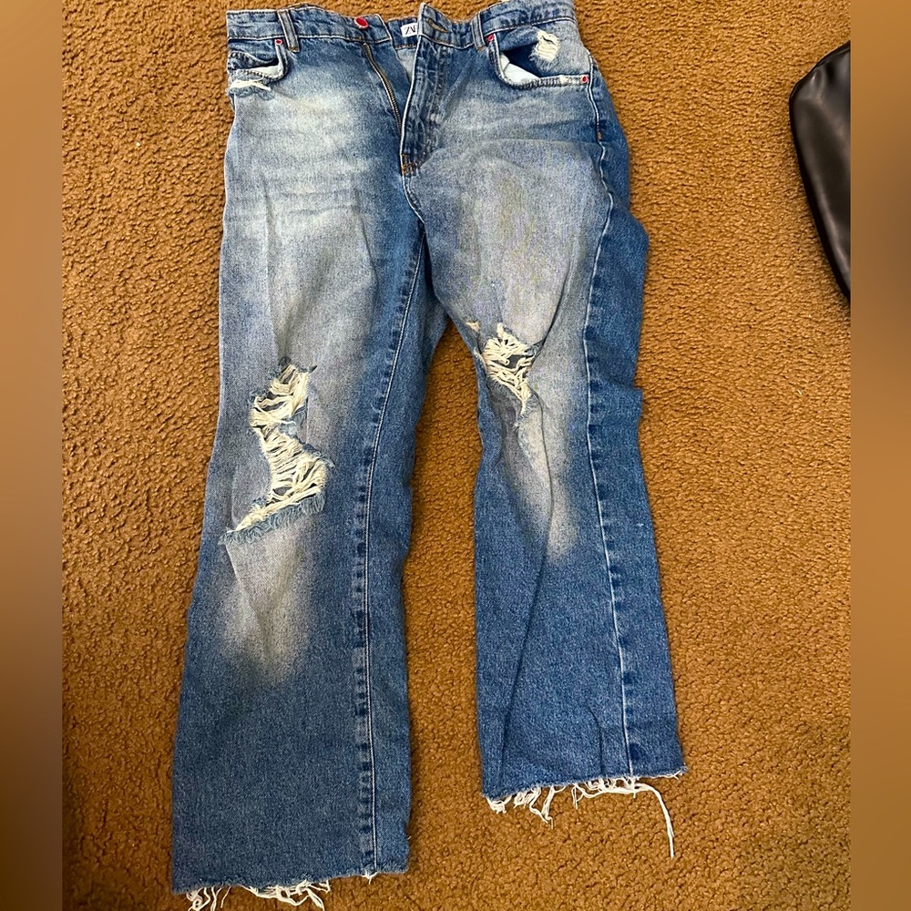 ZARA Denim Wide Leg Ripped Jeans